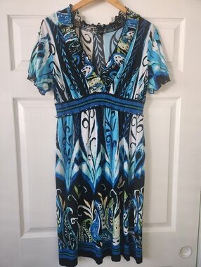 Intermision Blue Patterned V-Neck Women’s Dress -Women's 14